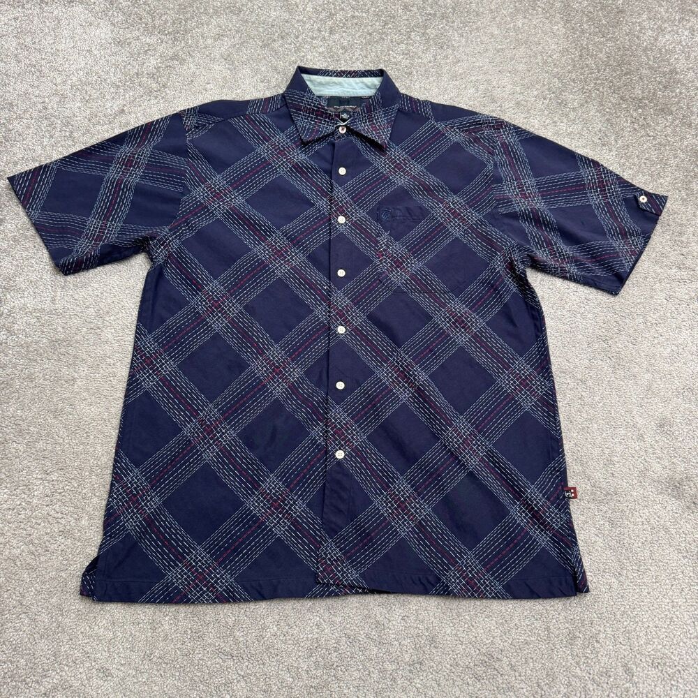 Phat Farm Textured Dobby Short Sleeve Button Up Y2K Shirt Men XL Navy Blue Plaid